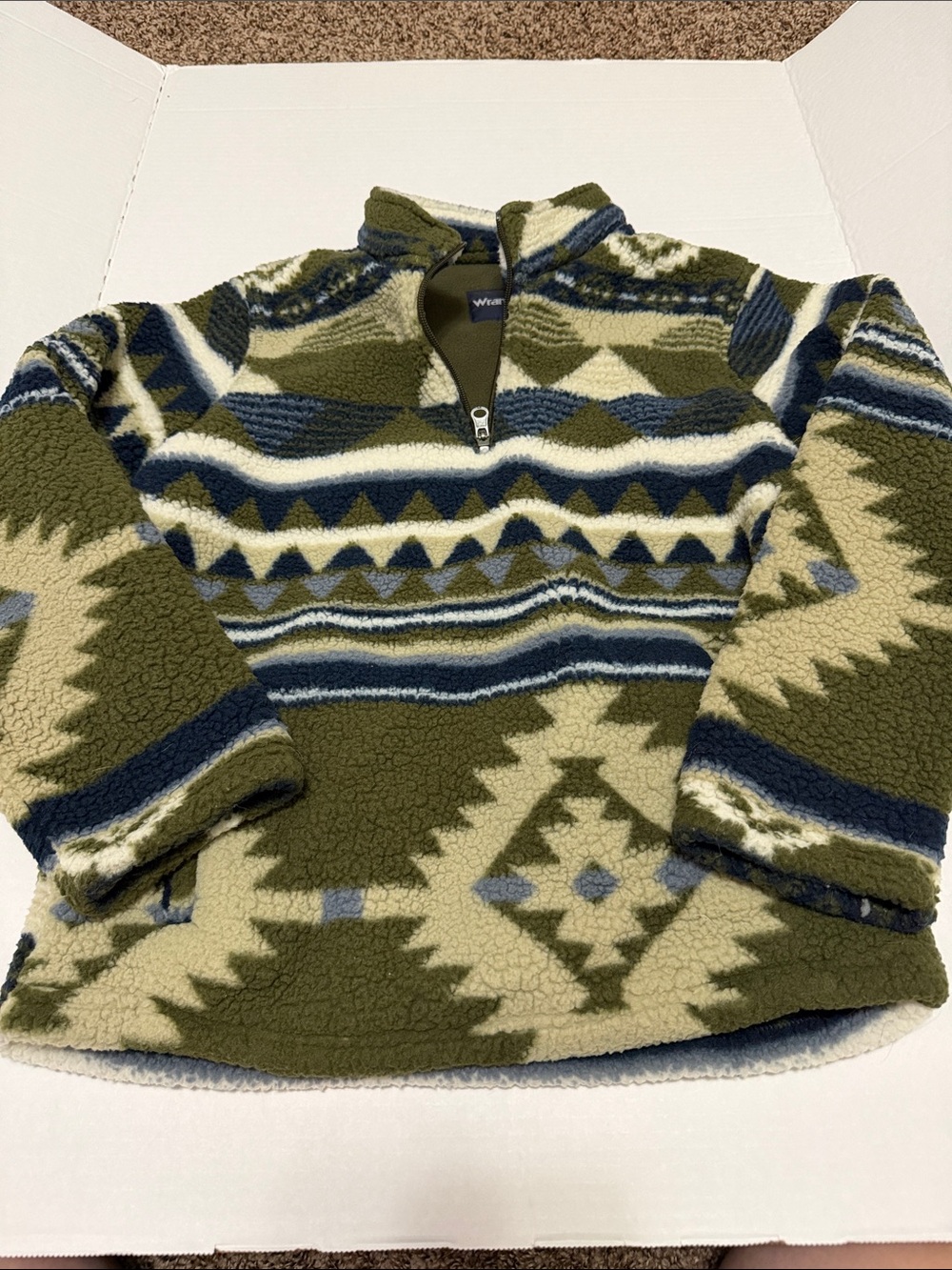 Wrangler Olive Green, Navy & Cream Patterned Quarter-Zip Fleece